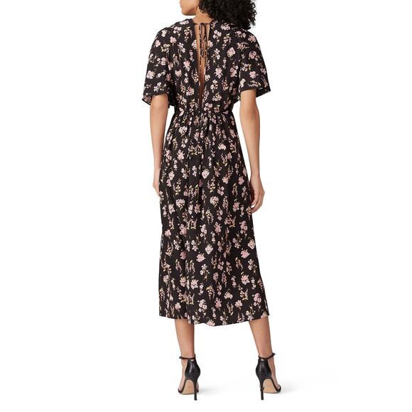 Les Reveries Black Floral Printed Short Sleeve A-Line Silk Midi Dress Size 4 - Picture 3 of 14